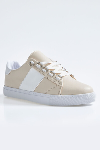 Tommylife Wholesale White - Beige Lace Up Faux Leather Women's Sneakers - 89202 - Thumbnail