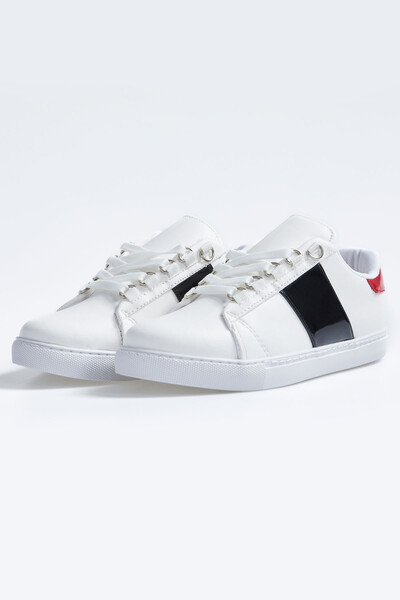 Tommylife Wholesale White - Black Lace Up Faux Leather Women's Sneakers - 89202 - Thumbnail