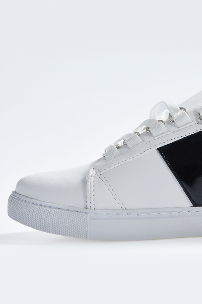 Tommylife Wholesale White - Black Lace Up Faux Leather Women's Sneakers - 89202 - Thumbnail