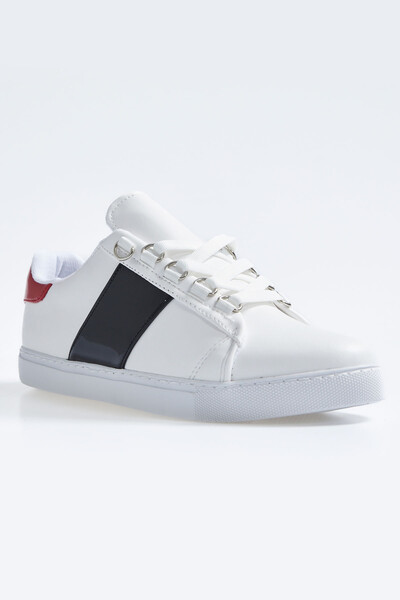 Tommylife Wholesale White - Black Lace Up Faux Leather Women's Sneakers - 89202 - Thumbnail