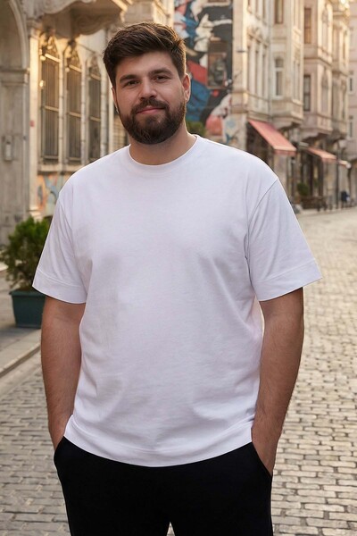 TOMMYLIFE - Tommylife Wholesale White Crew Neck Large Size Men's T-Shirt - 88072