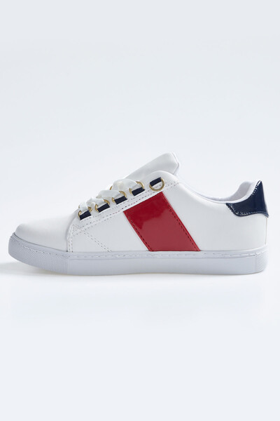 Tommylife Wholesale White - Navy Blue Lace Up Faux Leather Women's Sneakers - 89202 - Thumbnail