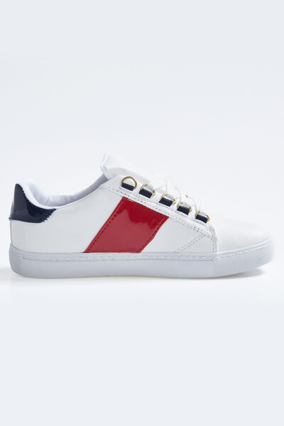 Tommylife Wholesale White - Navy Blue Lace Up Faux Leather Women's Sneakers - 89202 - Thumbnail