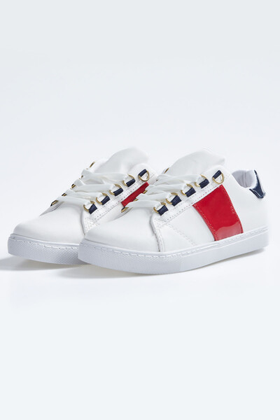 Tommylife Wholesale White - Navy Blue Lace Up Faux Leather Women's Sneakers - 89202 - Thumbnail