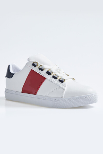 Tommylife Wholesale White - Navy Blue Lace Up Faux Leather Women's Sneakers - 89202 - Thumbnail