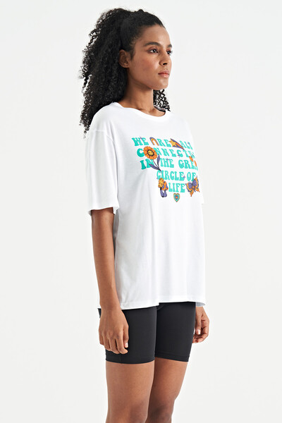 Tommylife Wholesale White O-Neck Oversize Women's T-Shirt - 02305 - Thumbnail