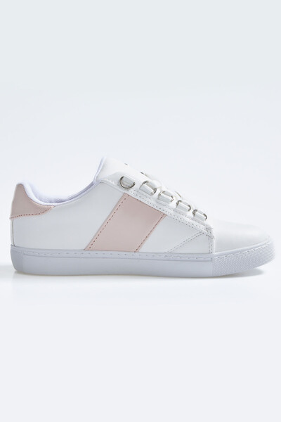 Tommylife Wholesale White - Pink Lace Up Faux Leather Women's Sneakers - 89202 - Thumbnail