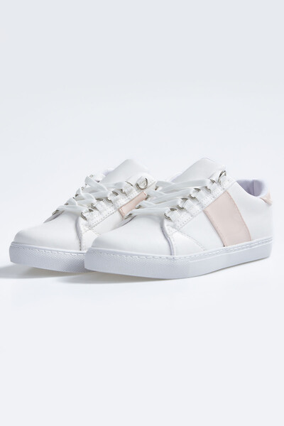 Tommylife Wholesale White - Pink Lace Up Faux Leather Women's Sneakers - 89202 - Thumbnail