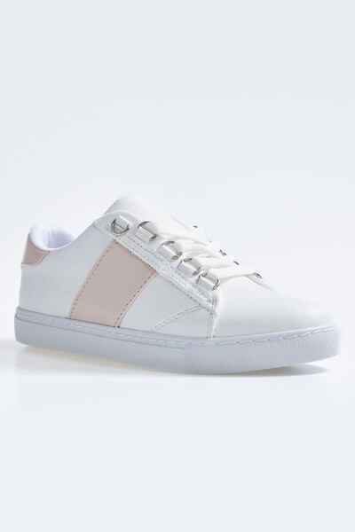 Tommylife Wholesale White - Pink Lace Up Faux Leather Women's Sneakers - 89202 - Thumbnail