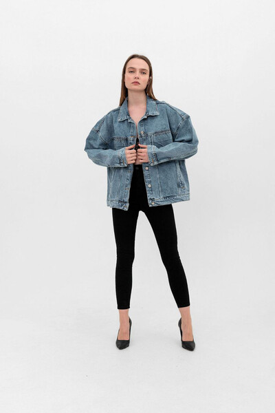 Tommylife Wholesale Women's Denim Jacket 02067 Blue - Thumbnail