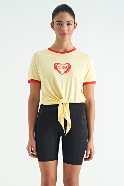 Tommylife Wholesale Yellow Lacing Detail Cropped Fit Women's T-shirt - 02270 - Thumbnail