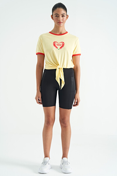 Tommylife Wholesale Yellow Lacing Detail Cropped Fit Women's T-shirt - 02270 - Thumbnail