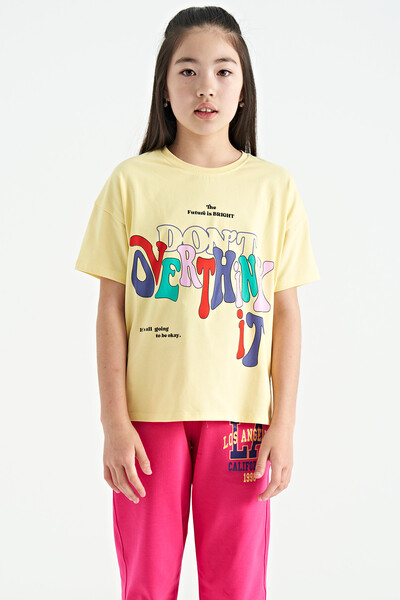 Tommylife Wholesale Yellow Round Neck Oversize Short Sleevelu Girls T-Shirt - 75112 - Thumbnail