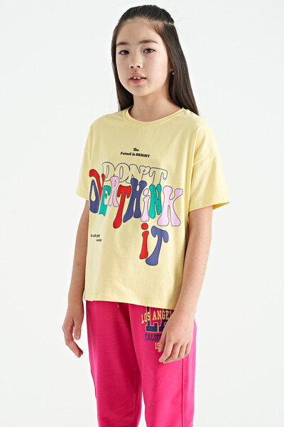 Tommylife Wholesale Yellow Round Neck Oversize Short Sleevelu Girls T-Shirt - 75112 - Thumbnail