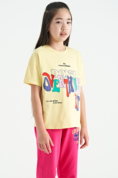 Tommylife Wholesale Yellow Round Neck Oversize Short Sleevelu Girls T-Shirt - 75112 - Thumbnail